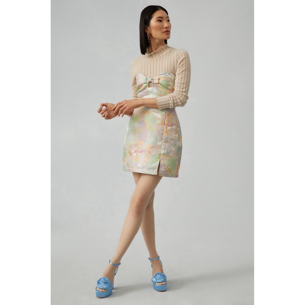 Anthropologie Maeve Strapless Bow Mini Dress Pastel Cutout‎ Tree Floral NWT 10